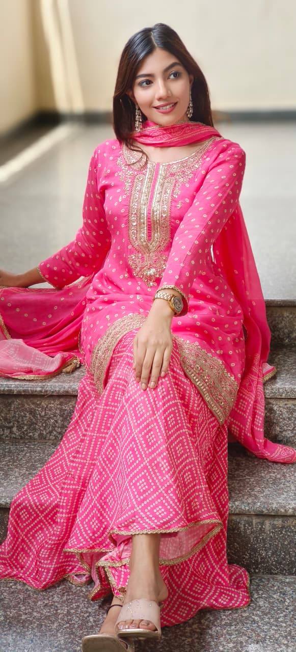 Gulabi Blush Bandhej Full Suit Set With Loose Palazzo Bottom & Dupatta-10339