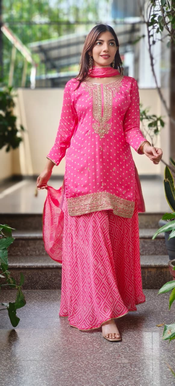 Gulabi Blush Bandhej Full Suit Set With Loose Palazzo Bottom & Dupatta-10339