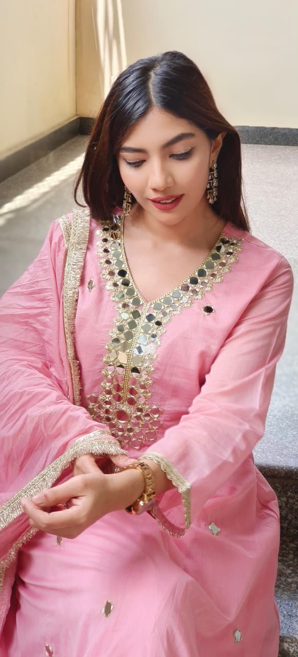 Very Elegant Real Mirror With Beautiful Borders Anarkali Full Suit Set With Dupatta In Mul Chanderi Fabric- 10642