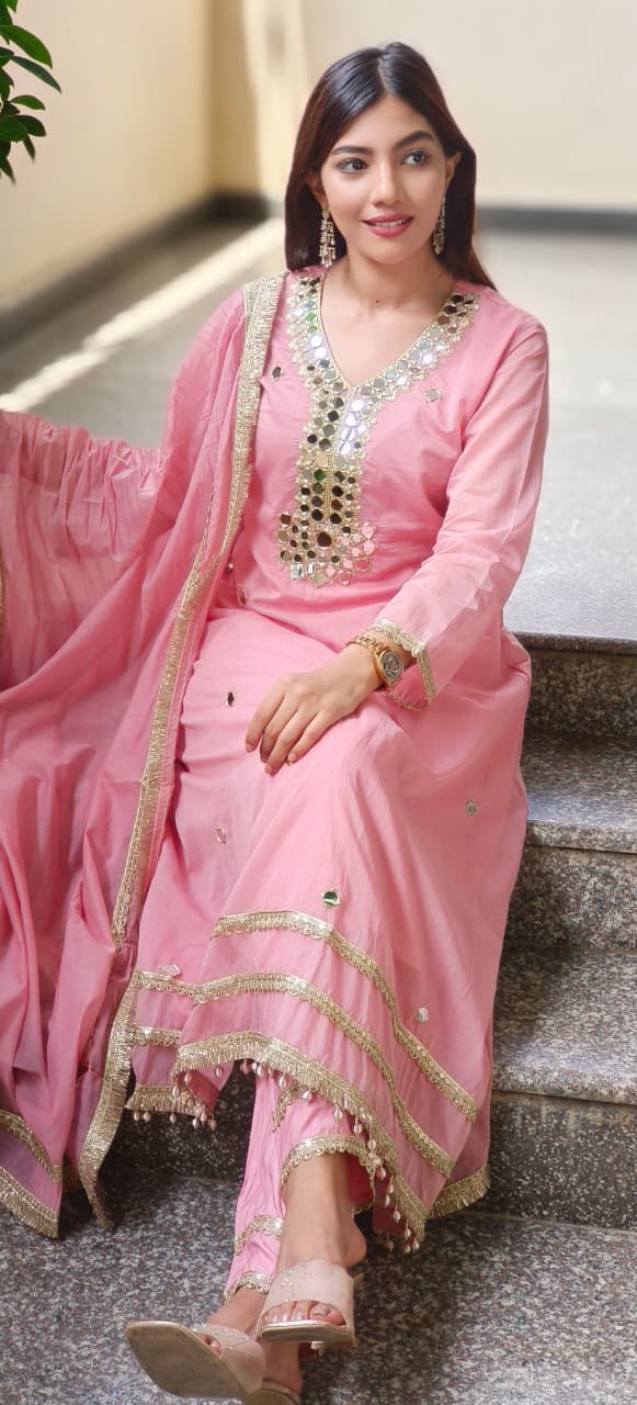 Very Elegant Real Mirror With Beautiful Borders Anarkali Full Suit Set With Dupatta In Mul Chanderi Fabric- 10642