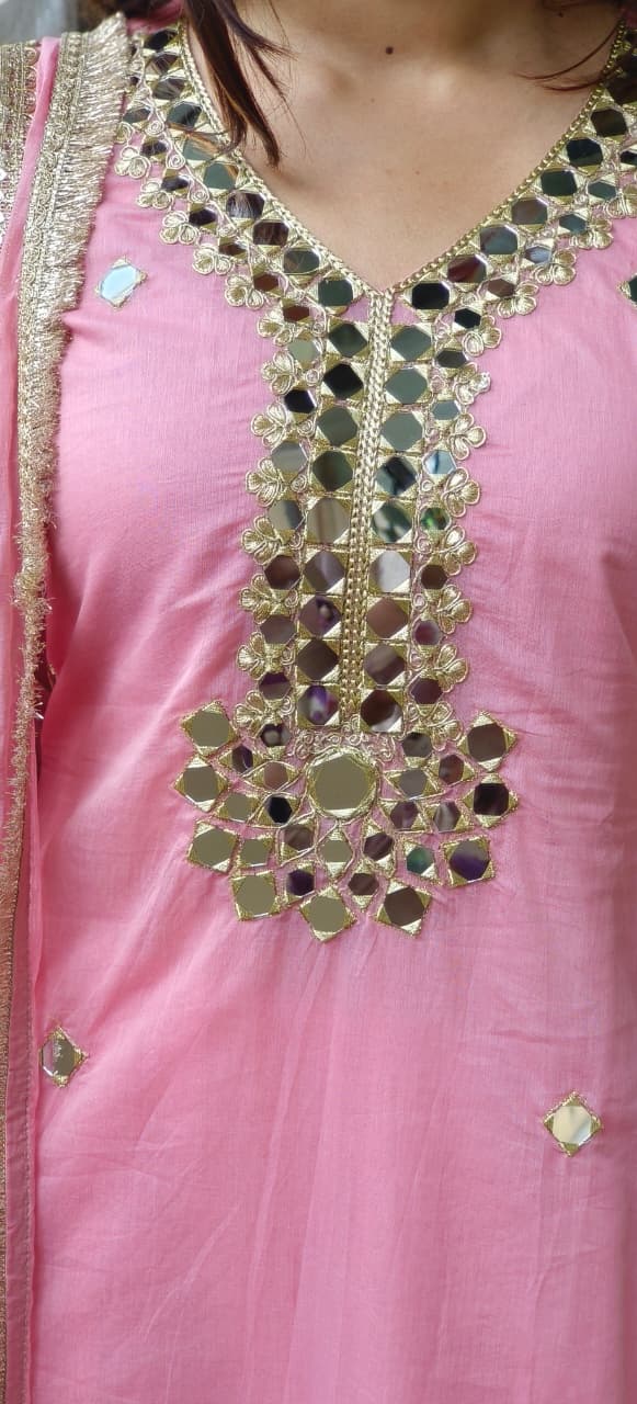 Very Elegant Real Mirror With Beautiful Borders Anarkali Full Suit Set With Dupatta In Mul Chanderi Fabric- 10642 10645