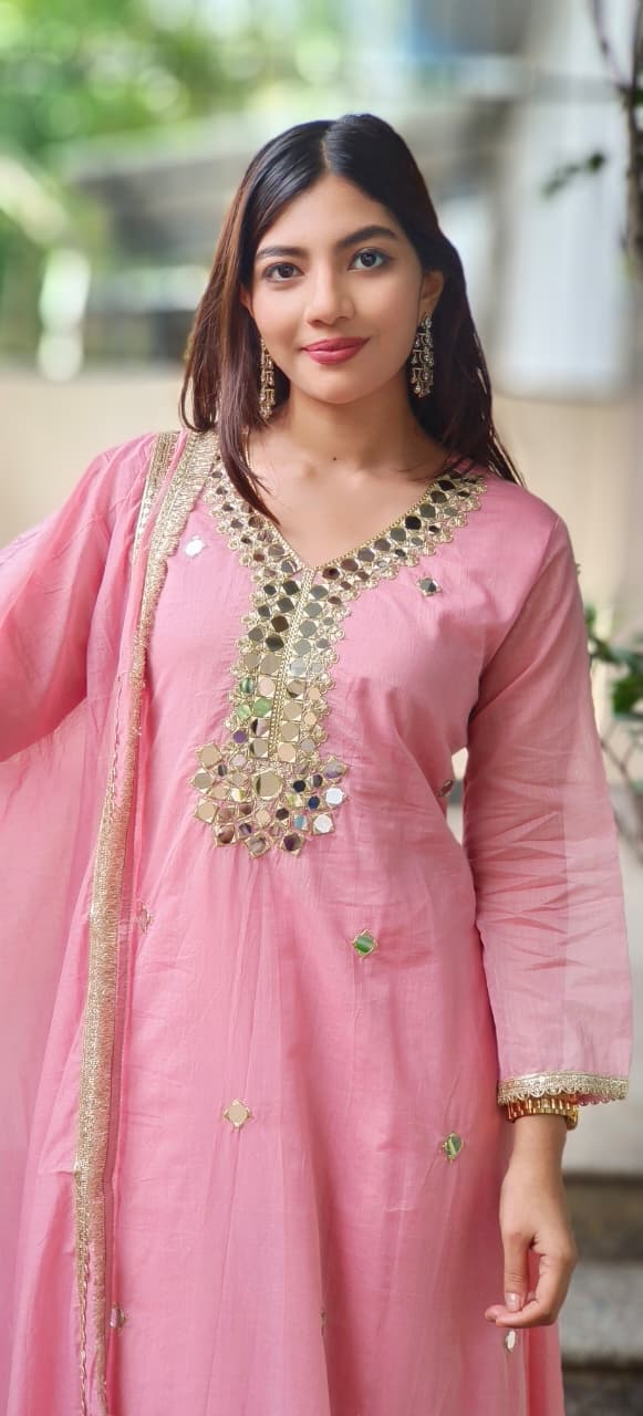 Very Elegant Real Mirror With Beautiful Borders Anarkali Full Suit Set With Dupatta In Mul Chanderi Fabric- 10642