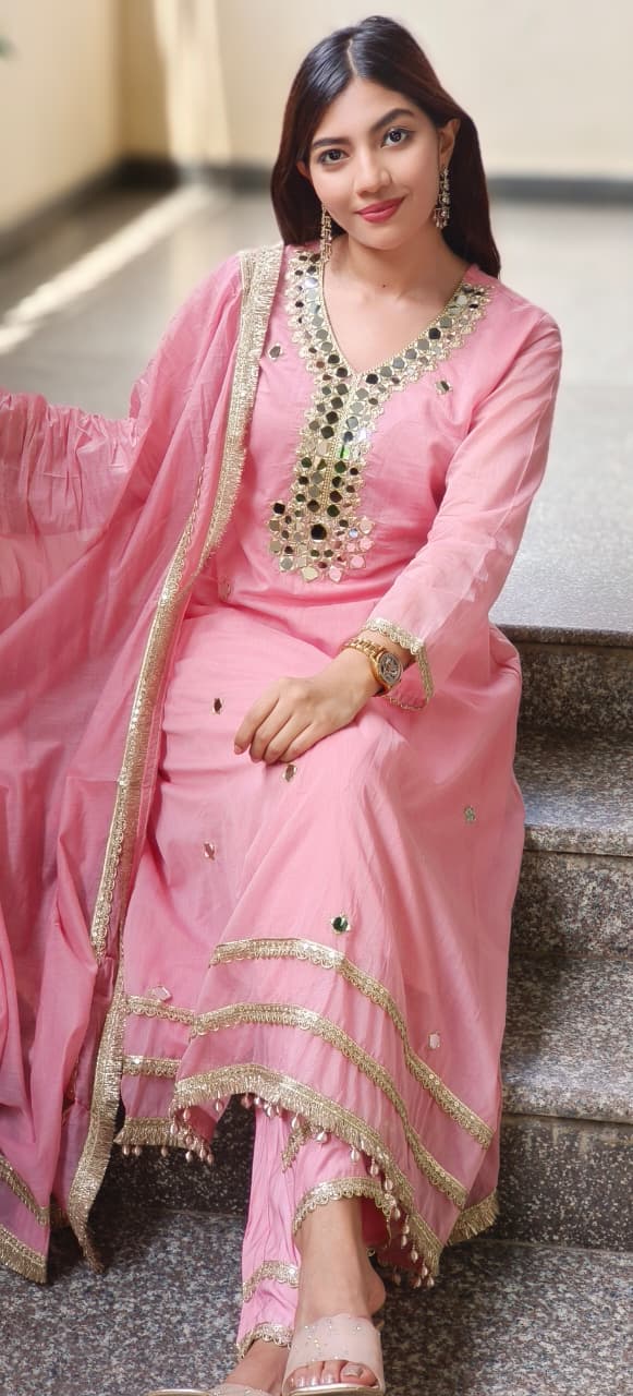 Very Elegant Real Mirror With Beautiful Borders Anarkali Full Suit Set With Dupatta In Mul Chanderi Fabric- 10642 10645