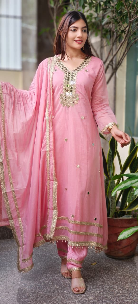 Very Elegant Real Mirror With Beautiful Borders Anarkali Full Suit Set With Dupatta In Mul Chanderi Fabric- 10642 10645