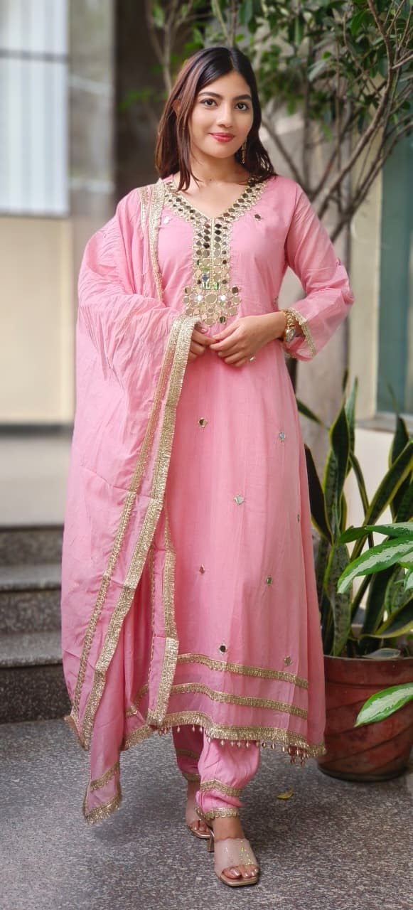 Very Elegant Real Mirror With Beautiful Borders Anarkali Full Suit Set With Dupatta In Mul Chanderi Fabric- 10642
