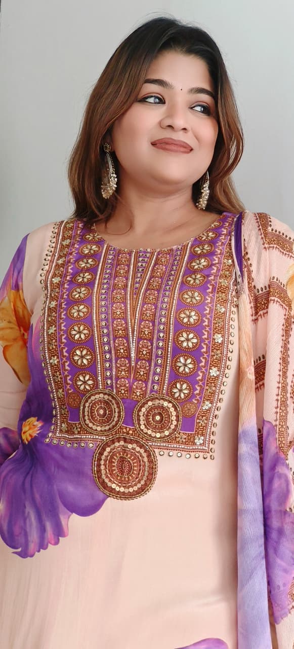 Beautiful Sequenced Handwork Floral Full Suit Set With Dupatta In Crepe Fabric