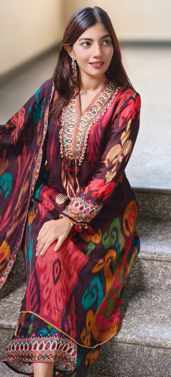 V-Neck Ikkat Elegance Full Suit Set With Dupatta In Chinon Fabric- 10672