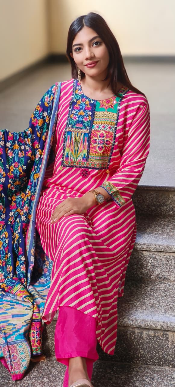 Multi Prints Yoke Leheriya Full Suit Set With Floral Dupatta In Dola Silk Fabric