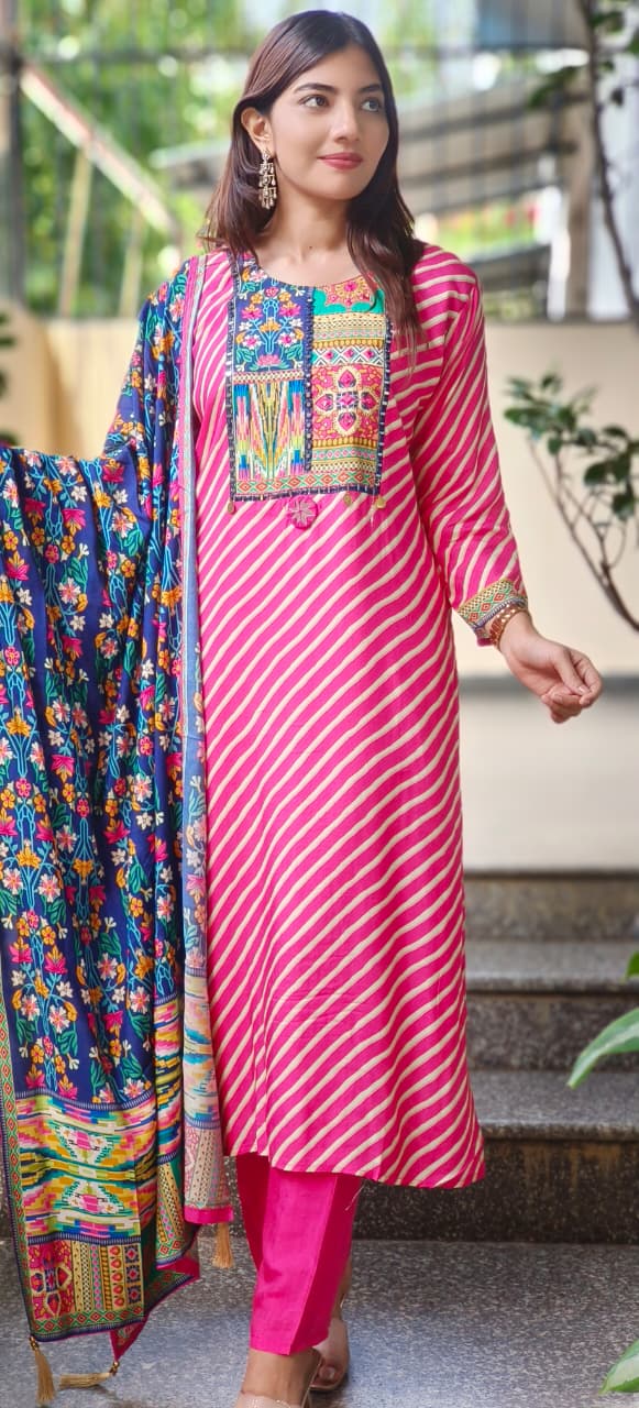 Multi Prints Yoke Leheriya Full Suit Set With Floral Dupatta In Dola Silk Fabric