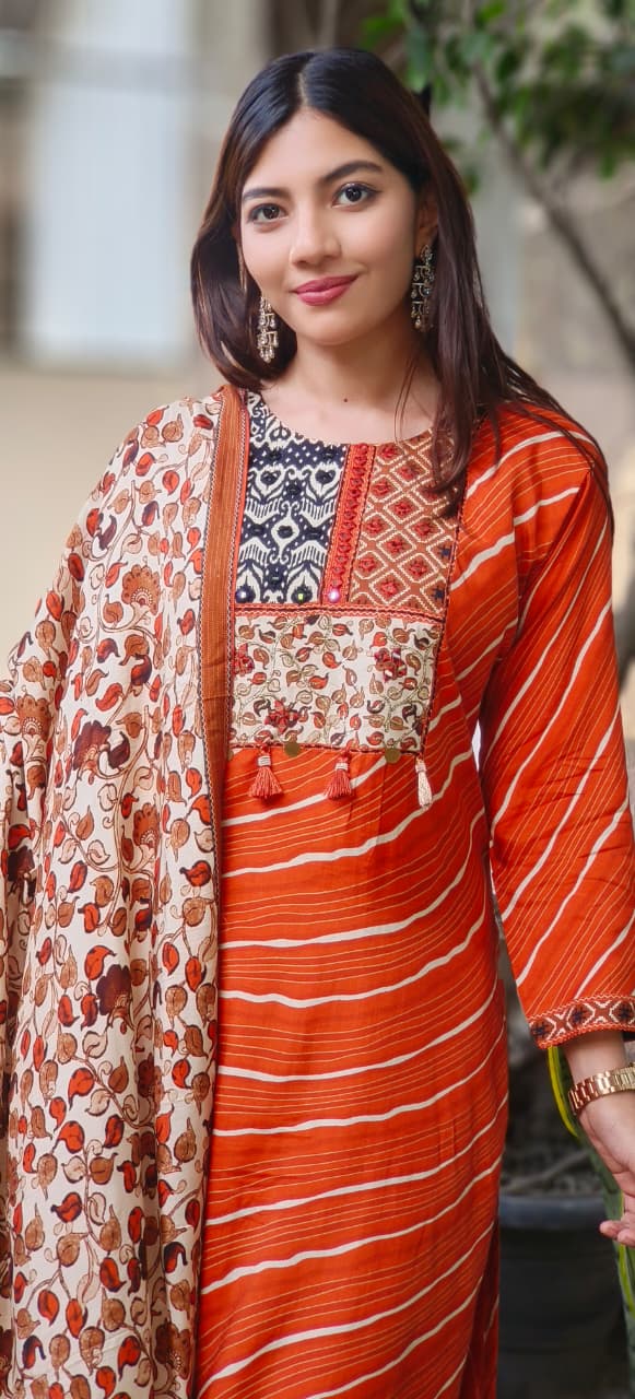 Multi Prints Yoke Leheriya Full Suit Set With Floral Dupatta In Dola Silk Fabric