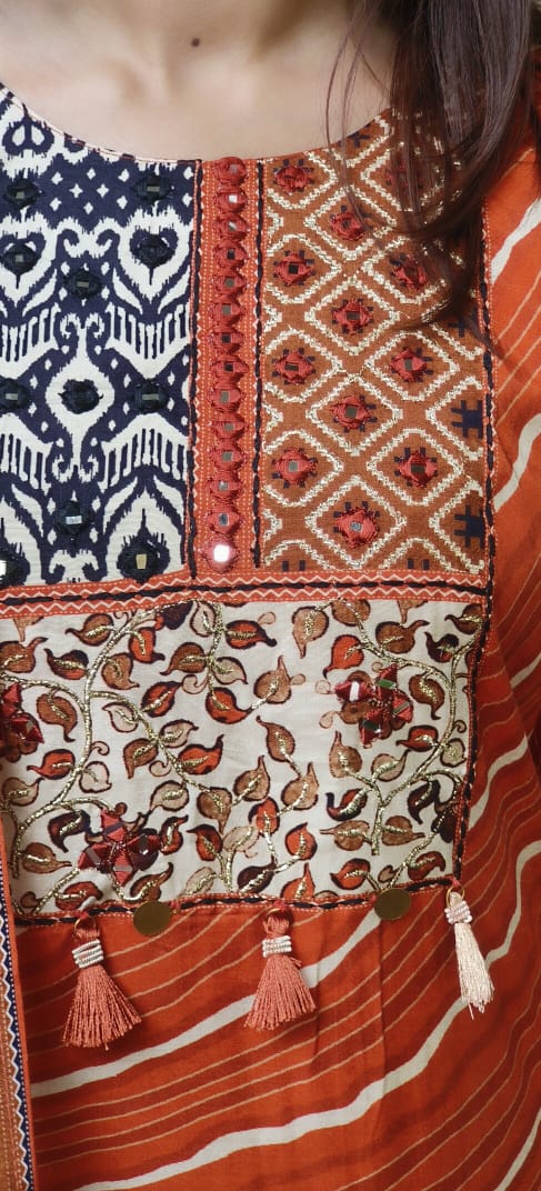 Multi Prints Yoke Leheriya Full Suit Set With Floral Dupatta In Dola Silk Fabric