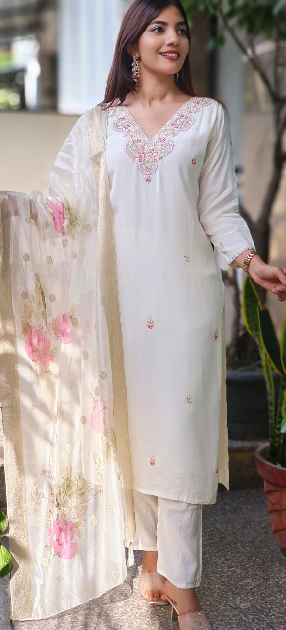 Elegant V-Neck Pure Muslin Full Suit Set With Floral Dupatta