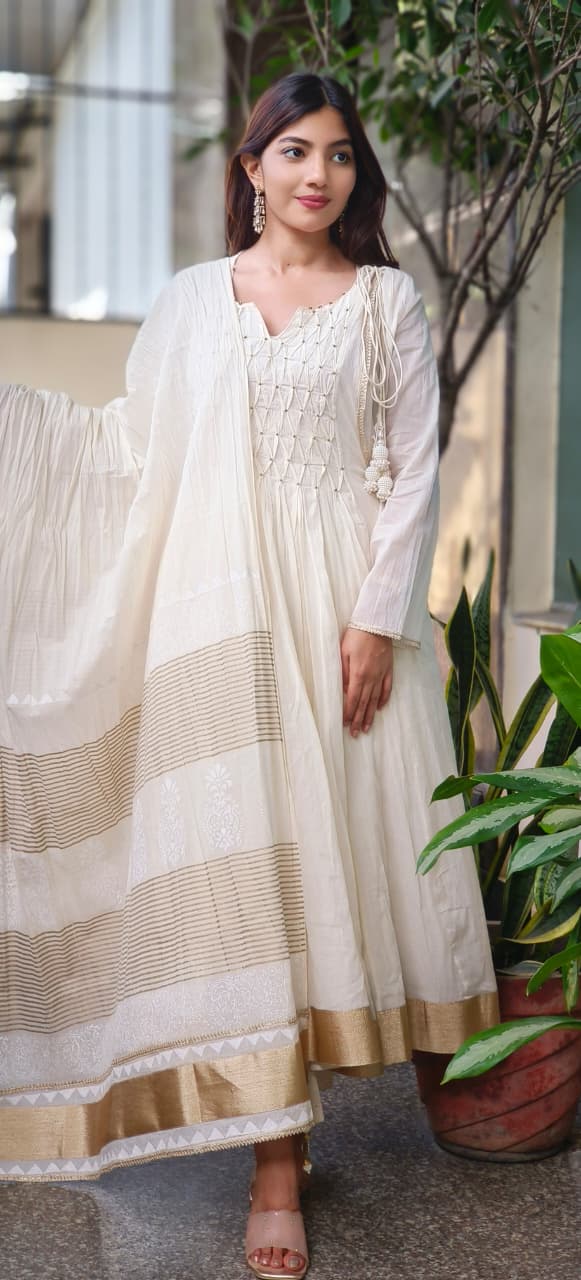 Soft Look Beautiful Gold Touch Cotton Anarkali Suit With Dupatta- 10611