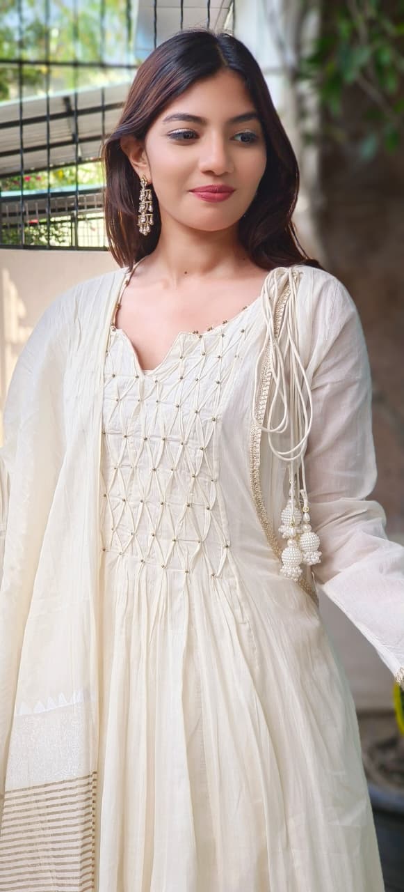 Soft Look Beautiful Gold Touch Cotton Anarkali Suit With Dupatta- 10611