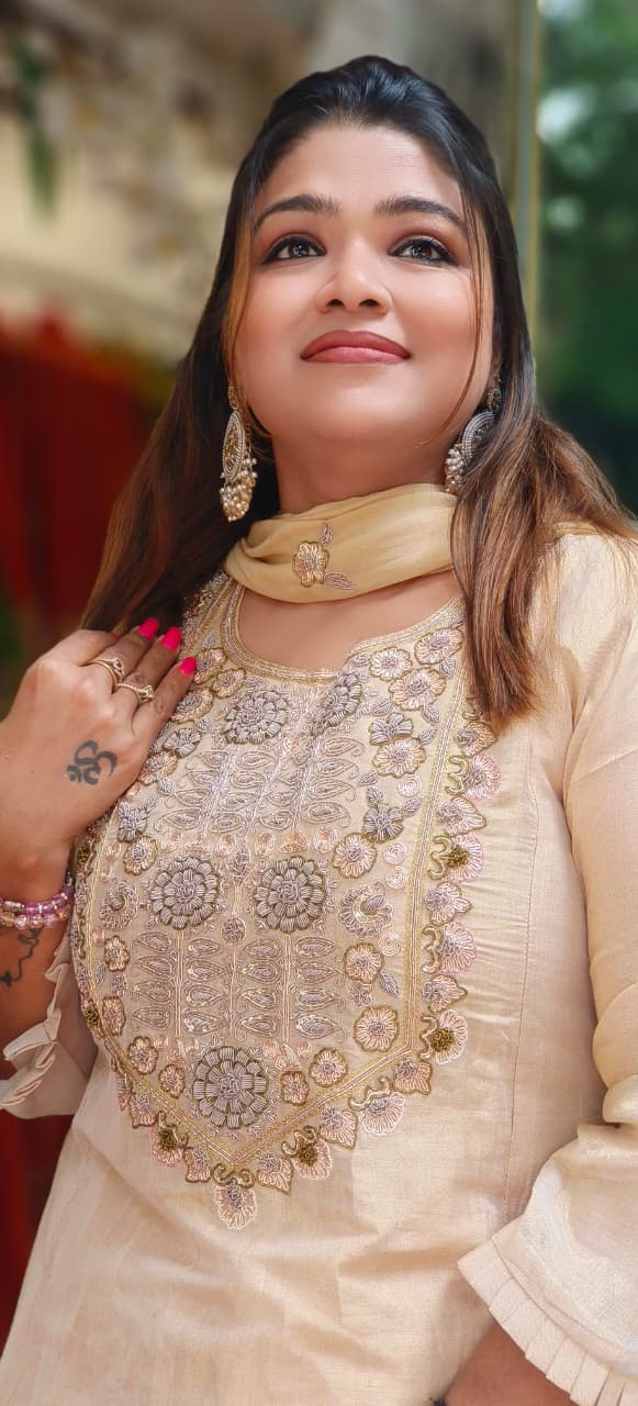 Zardosi With Cutdana Work Full Suit Set With Loose Palazzo Bottom & Dupatta