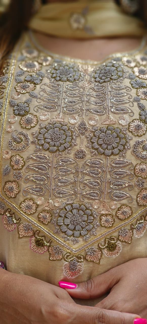 Zardosi With Cutdana Work Full Suit Set With Loose Palazzo Bottom & Dupatta