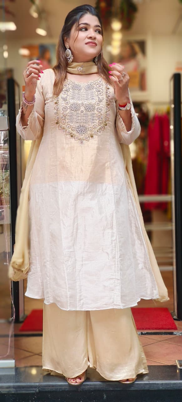 Zardosi With Cutdana Work Full Suit Set With Loose Palazzo Bottom & Dupatta