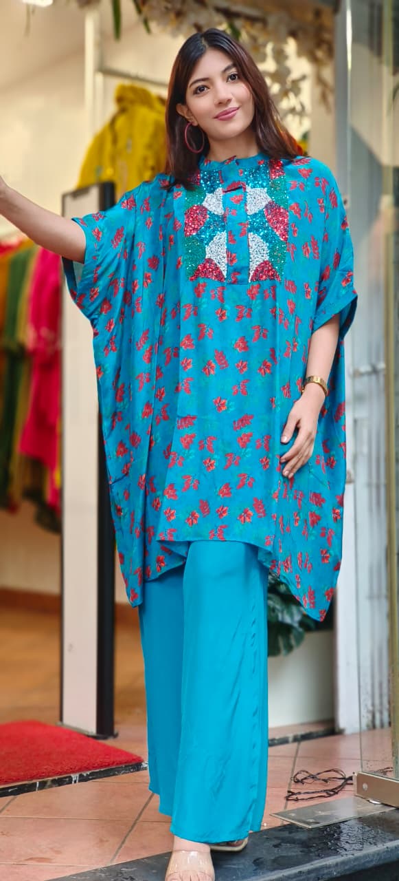Glittered Foil Bright Color Kaftan With Bottom