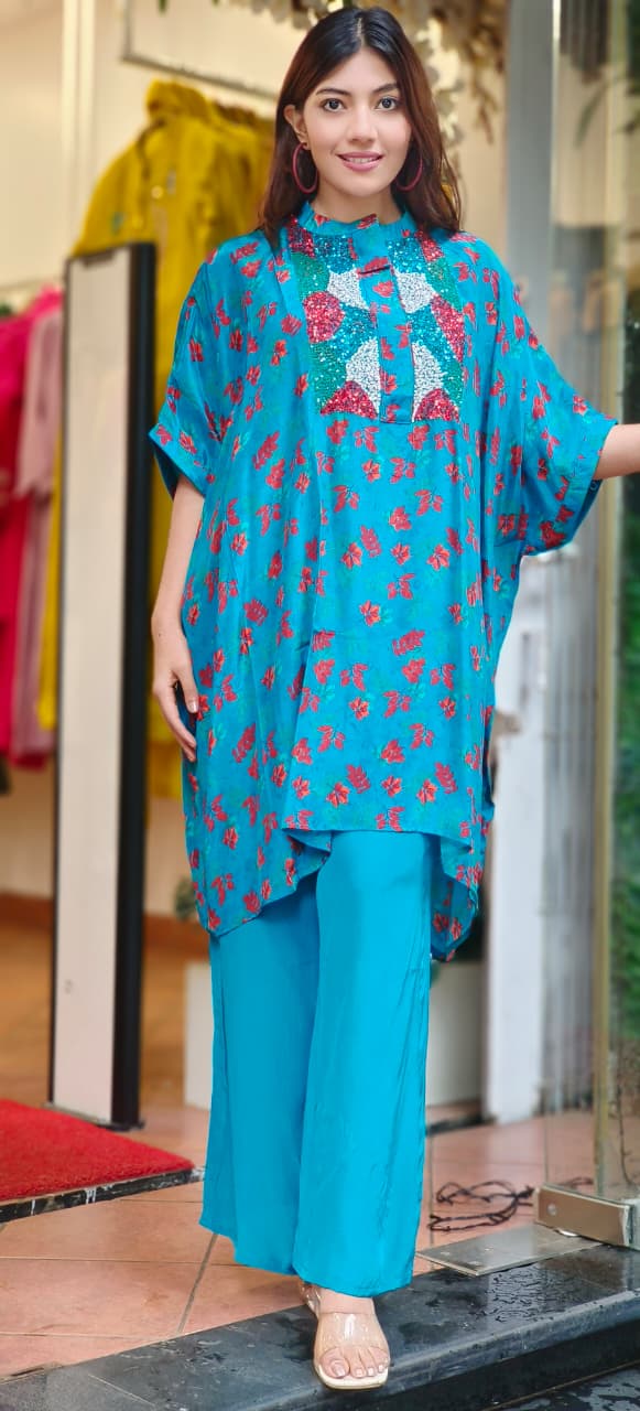 Glittered Foil Bright Color Kaftan With Bottom