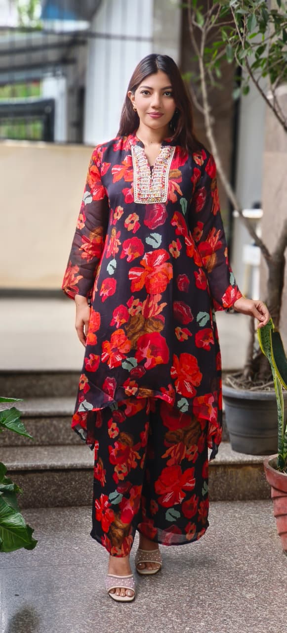 Bright Floral Printed Neck Work Chinon Co-Ord Set-10709,10711