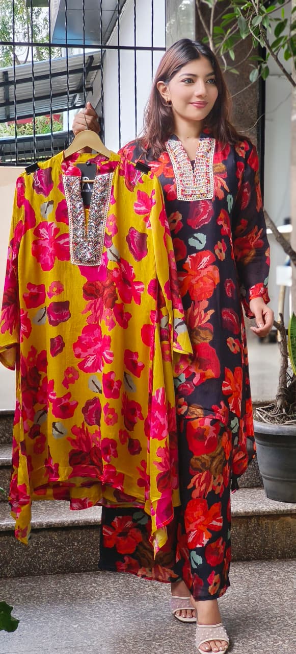 Bright Floral Printed Neck Work Chinon Co-Ord Set-10709,10711