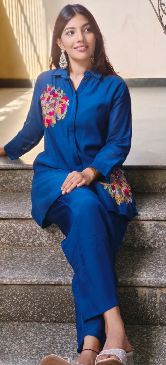 Pure Banarasi Mul Chanderi Minimal Embroidered Collared Solid Co-Ord Set With Taffeta Bottom-10639,10638,10640