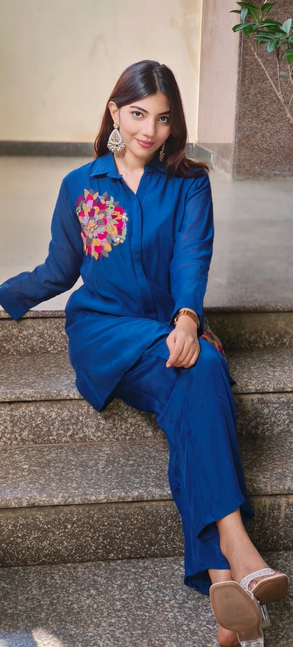 Pure Banarasi Mul Chanderi Minimal Embroidered Collared Solid Co-Ord Set With Taffeta Bottom-10639,10638,10640