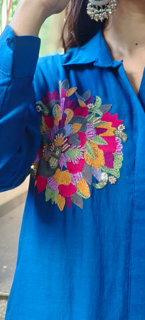 Pure Banarasi Mul Chanderi Minimal Embroidered Collared Solid Co-Ord Set With Taffeta Bottom-10639,10638,10640