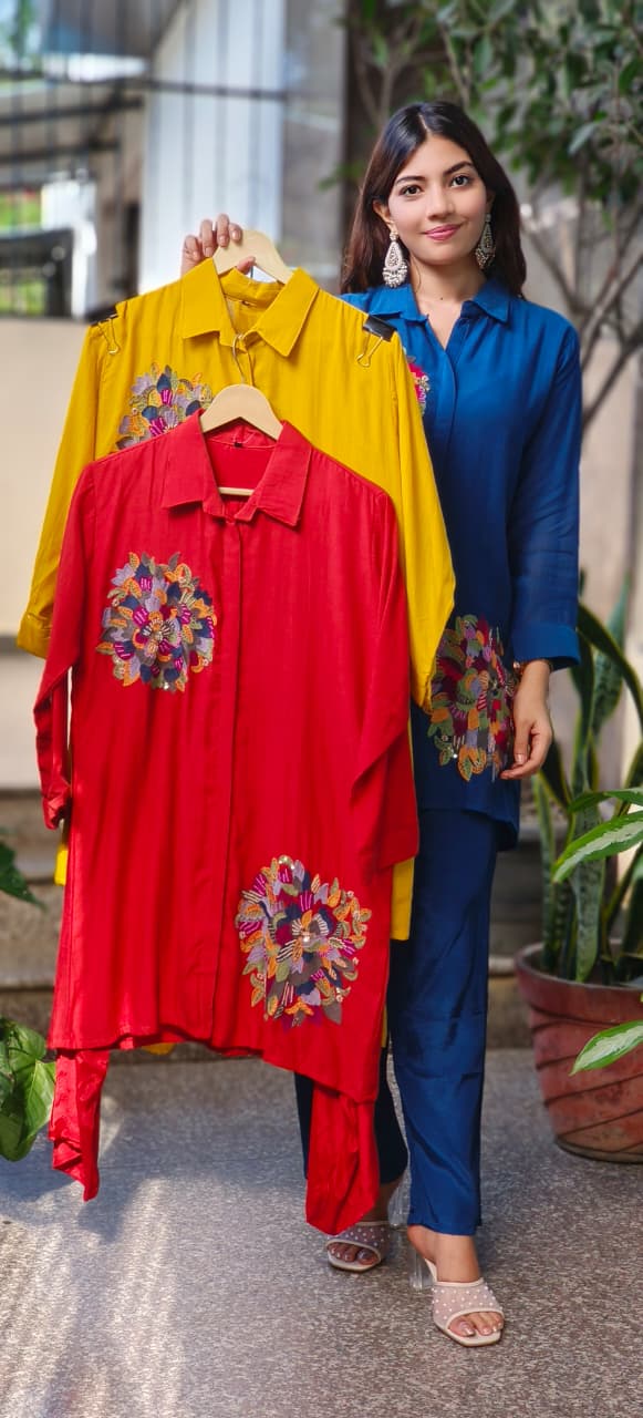 Pure Banarasi Mul Chanderi Minimal Embroidered Collared Solid Co-Ord Set With Taffeta Bottom-10639,10638,10640