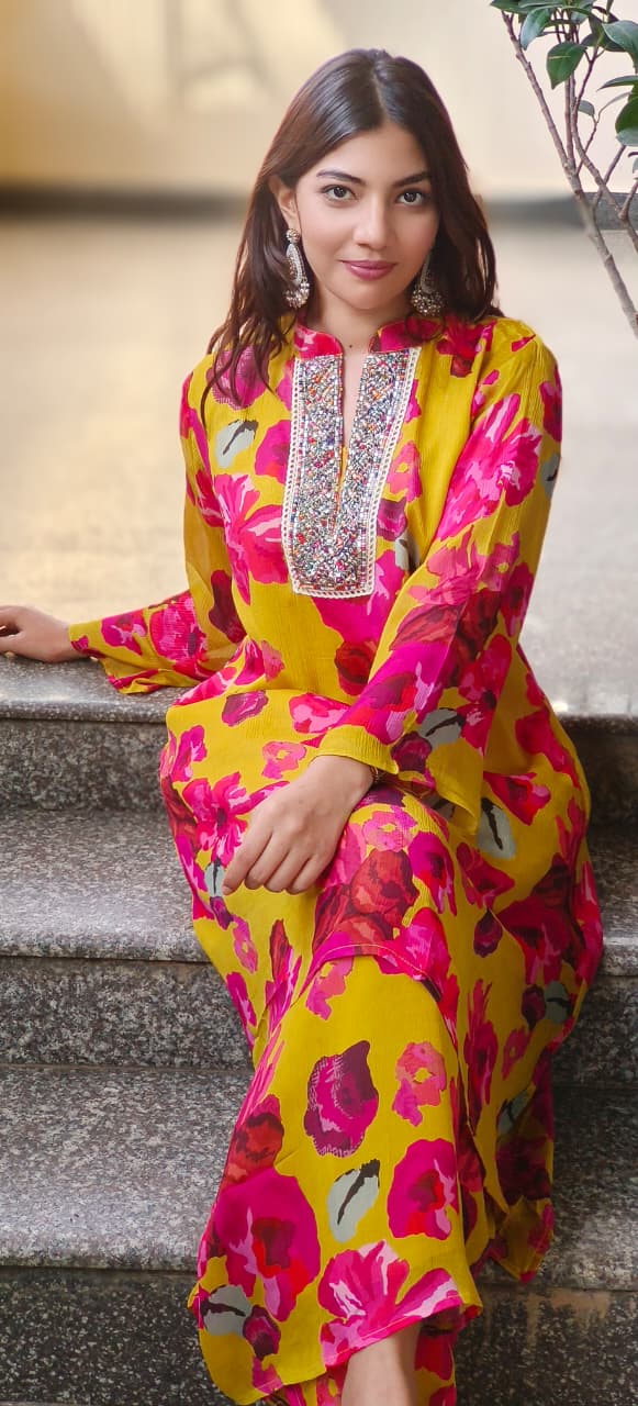 Bright Floral Printed Neck Work Chinon Co-Ord Set-10709,10711