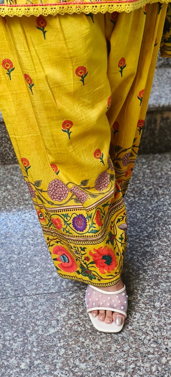 Printed Cotton Full Suit Set With Dupatta & Farsi Bottom- 10720