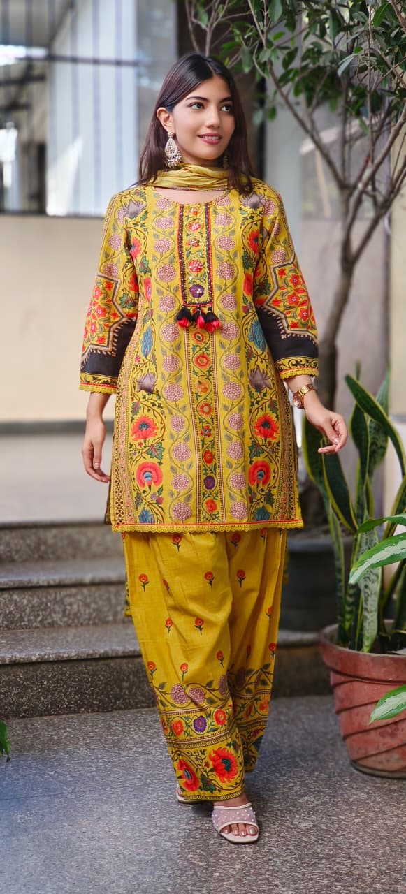 Printed Cotton Full Suit Set With Dupatta & Farsi Bottom- 10720