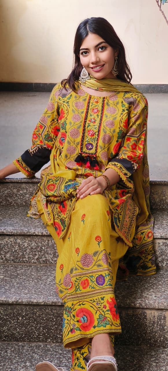 Printed Cotton Full Suit Set With Dupatta & Farsi Bottom- 10720