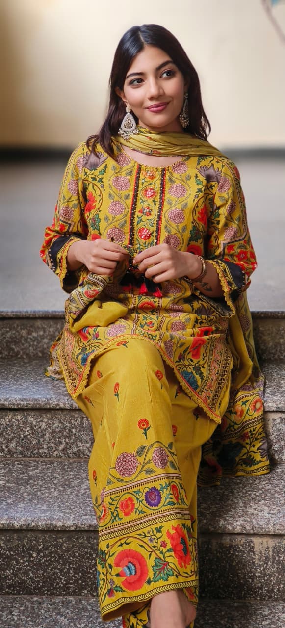 Printed Cotton Full Suit Set With Dupatta & Farsi Bottom- 10720