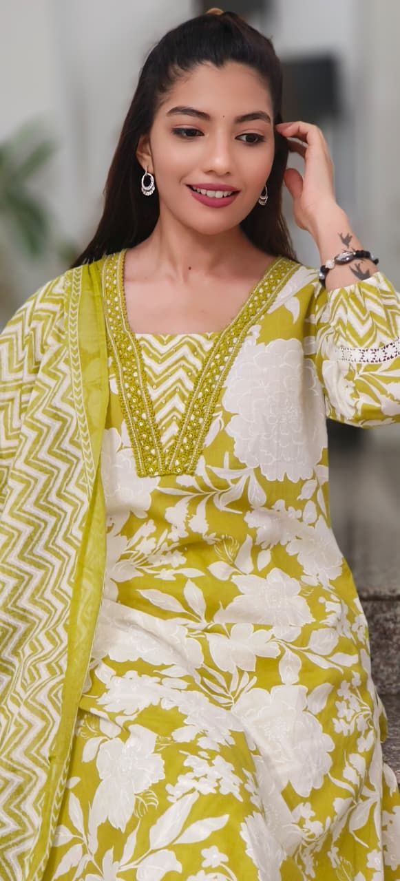 Cotton V-Neck Floral Printed Full Suit Set With Dupatta- 10400