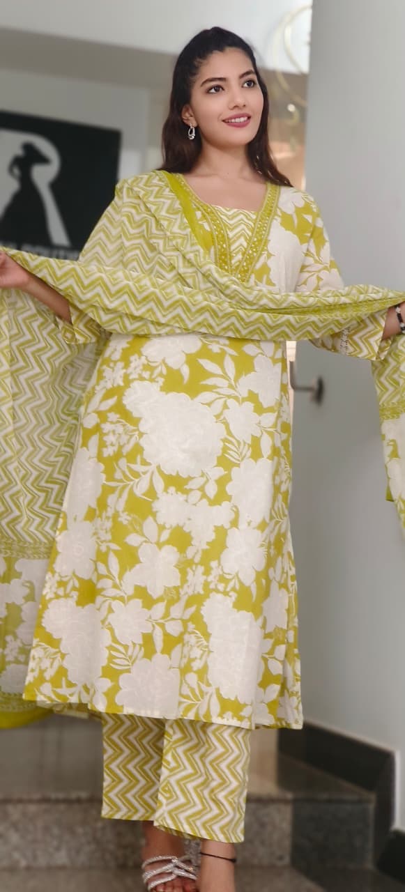 Cotton V-Neck Floral Printed Full Suit Set With Dupatta- 10400