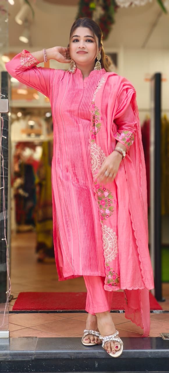 Petal Embroidered Lined Mandarin Collar Straight Full Suit Set With Dupatta In Pure Chanderi Fabric 107610 10762