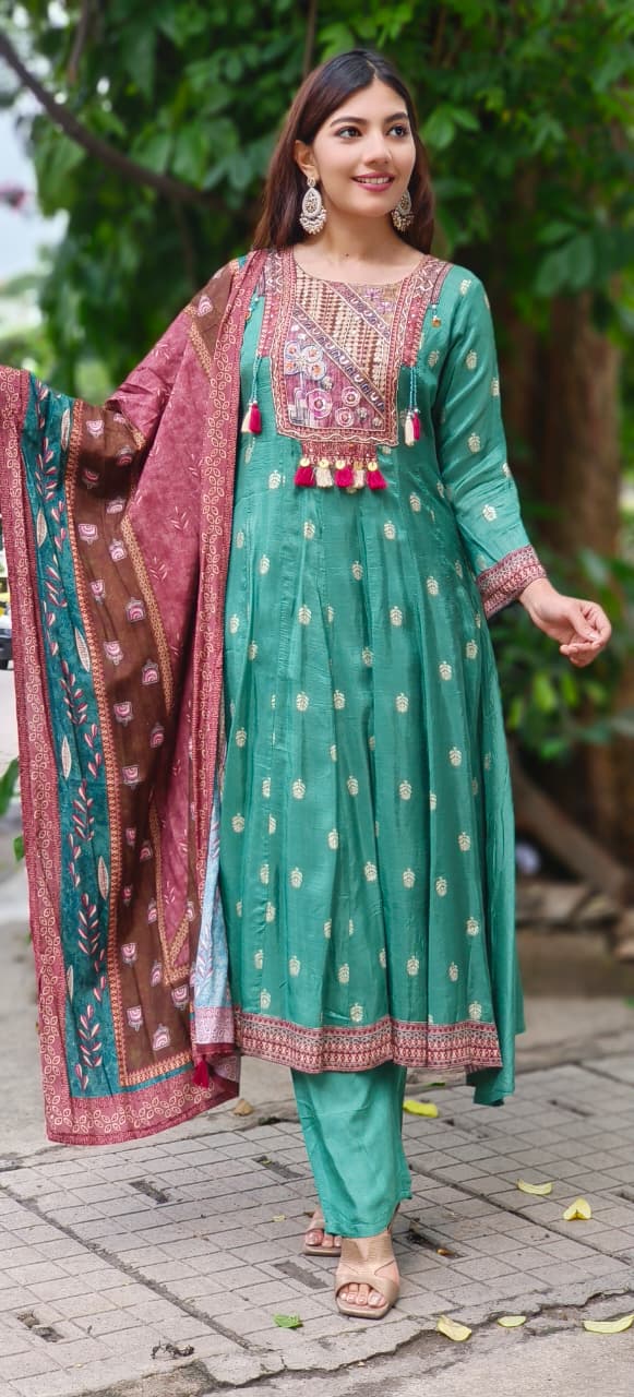 Beautiful Boho Look Panel Anarkali Full Suit Set With Dupatta In Dola Silk Fabric