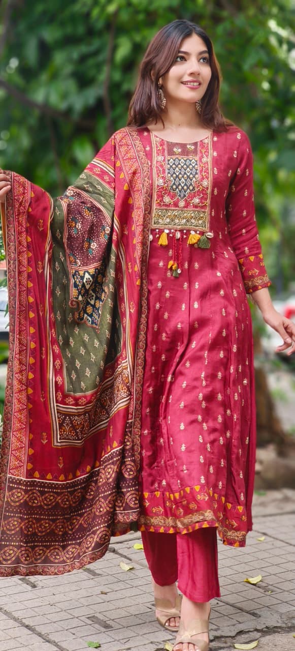 Beautiful Boho Look Panel Anarkali Full Suit Set With Dupatta In Dola Silk Fabric
