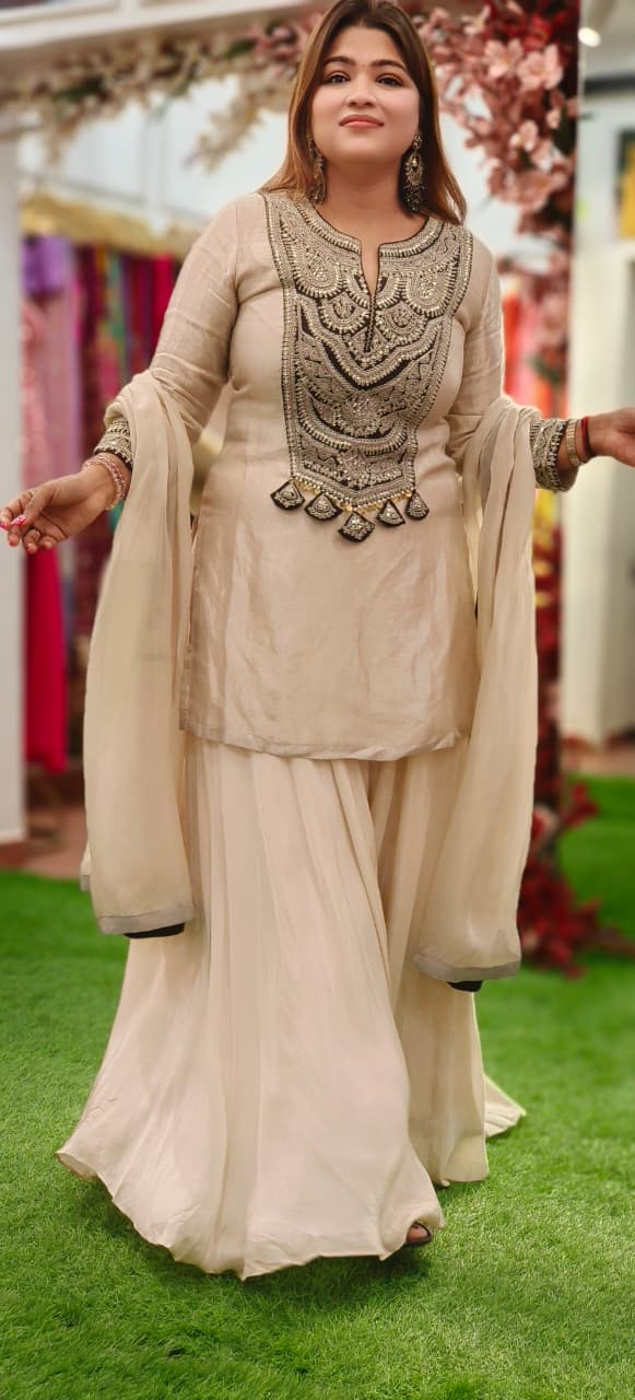Zariya Premium Embroidered Sharara Full Suit Set With Dupatta In Real Tissue & Organza Fabric- 10773 Dispatching after 30 days