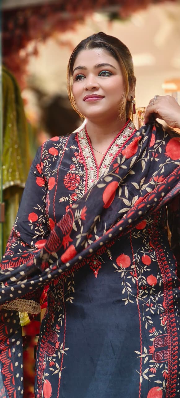 Sequenced Floral Lawn Look Full Suit Set With Dupatta- 10802
