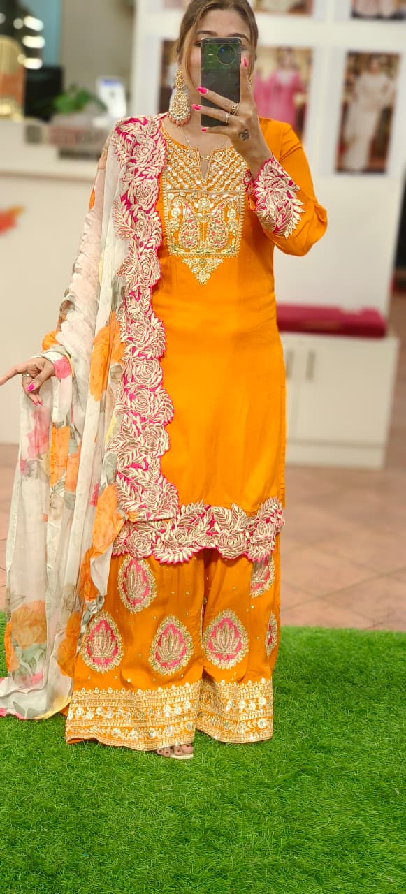 Resam Thread Cut Work Zardosi Full Suit Set With Dupatta In Silk Fabric- 10793, 11444