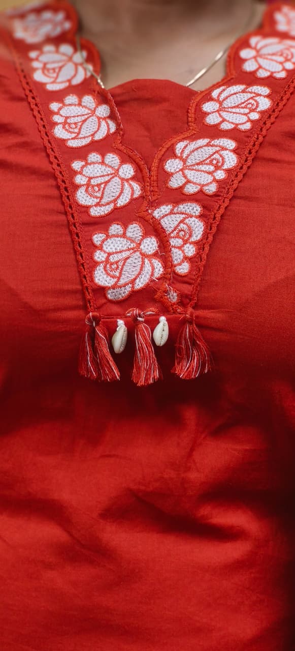 V-Neck Floral Thread Work Solid Color Full Suit Set With Dupatta In Cotton Fabric- 10810