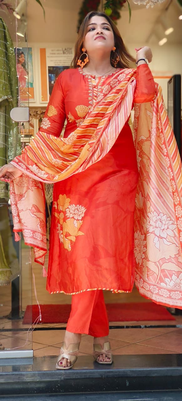 Floral Patch Elegance Off Tiny Pearl Embroidered Full Suit Set With Dupatta In Dola Silk Fabric-10840