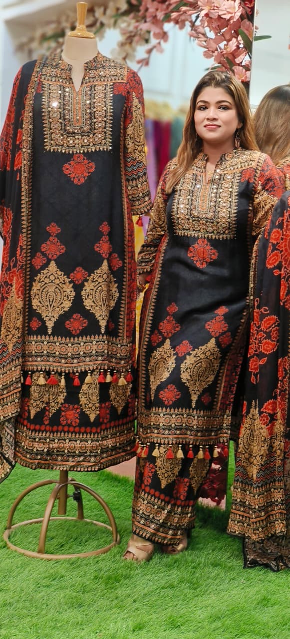 Placement Print Mandarin Collar Full Suit Set With Dupatta & Loose Palazzo Bottom In Dola Silk-10804