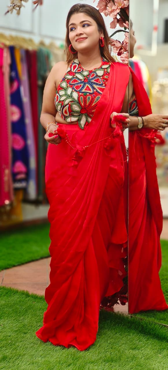 Colorful Pearl Celeste Bloom Sleeveless Blouse Designer Drape Saree