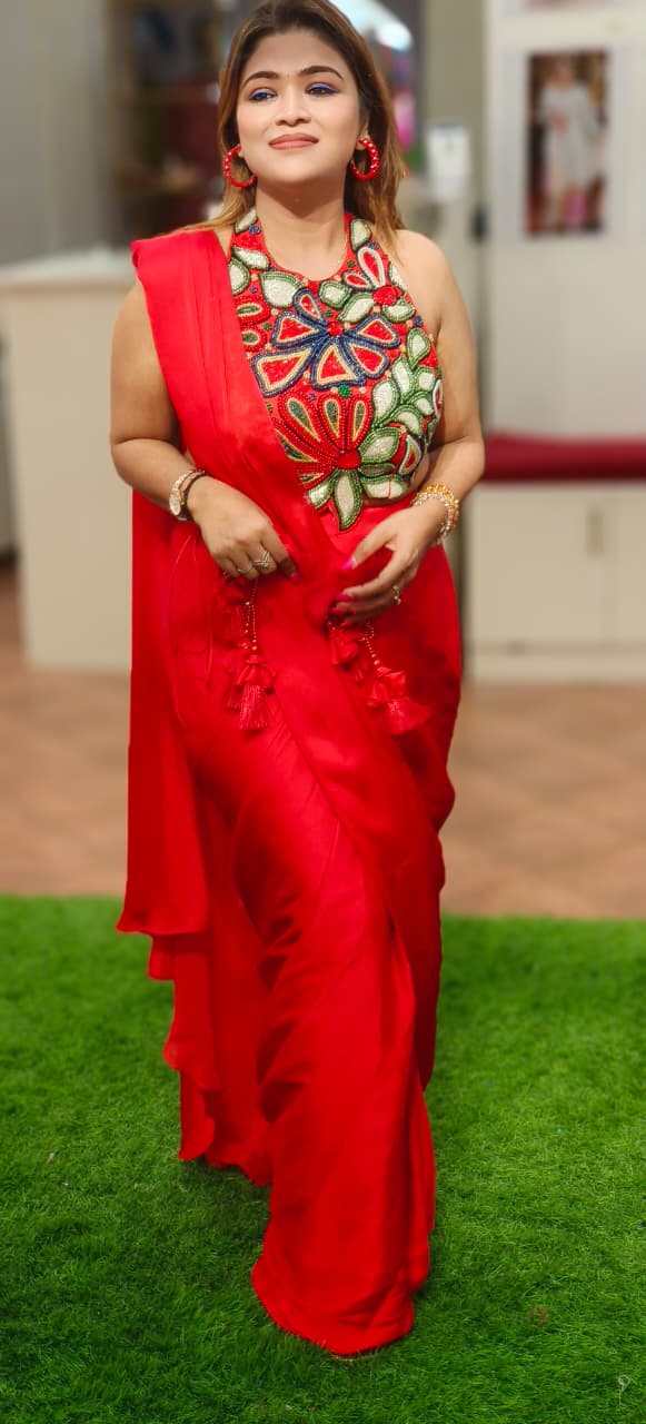 Colorful Pearl Celeste Bloom Sleeveless Blouse Designer Drape Saree