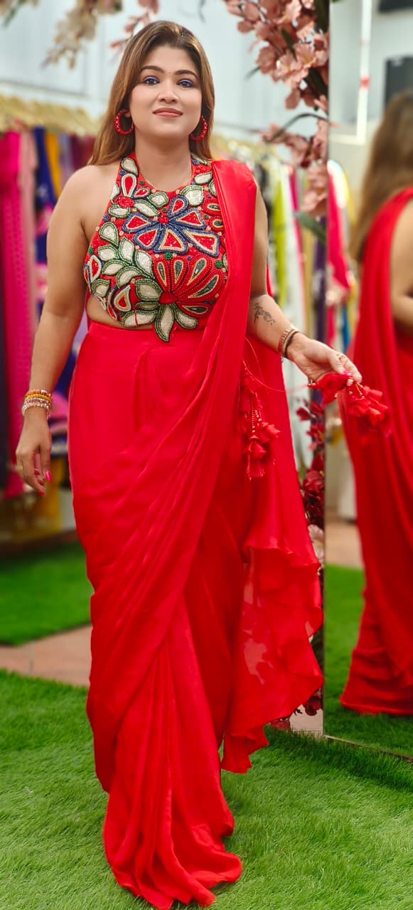 Colorful Pearl Celeste Bloom Sleeveless Blouse Designer Drape Saree