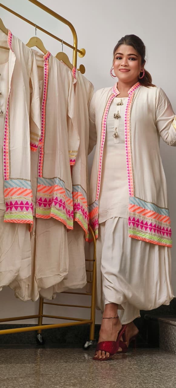 Vibrant Border In Soft Tone Solid Kurta With Harem Pant & Shrug-10908