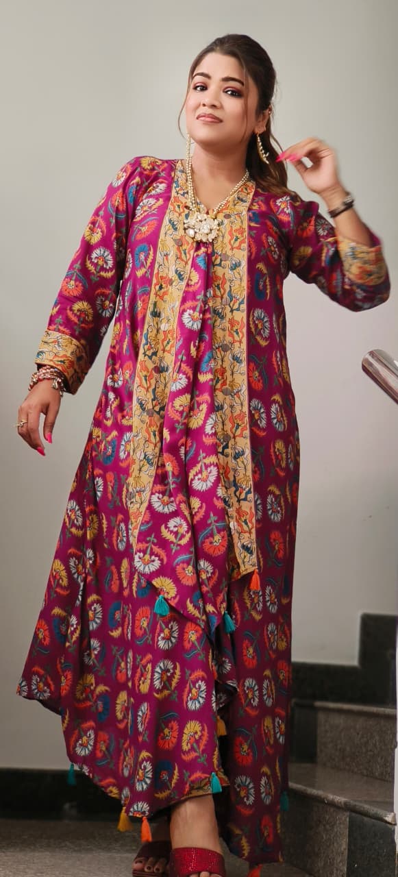 Indo Western Vibrant Mystic Blossom Printed Ethnic A-Line Kurta Pant Set In Muslin Fabric-10903